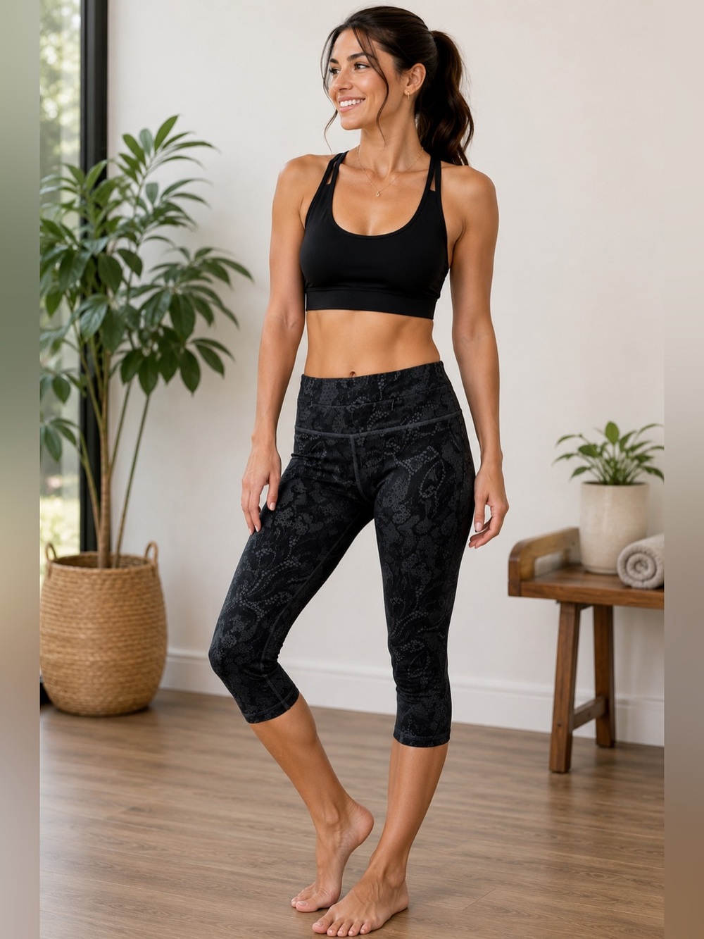 Nancy Rose Performance Capri Leggings Sz 10 Black Paisley Yoga Activewear EUC